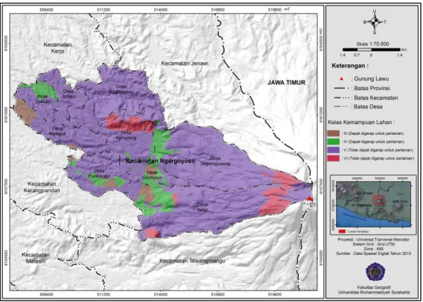 Gambar 1. Peta Persebaran Kemampuan Lahan di Kecamatan Ngargoyoso  Kabupaten Karanganyar Tahun 2018 