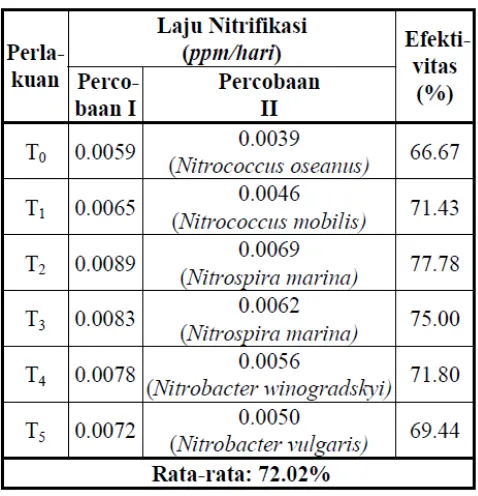 Tabel 3. Perbandingan efektivitas bakteri nitrifikasi 