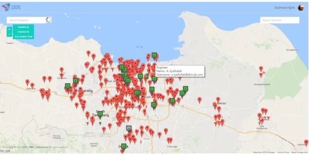 Gambar  4  merupakan  tampilan  awal  menu  assign  job  task,  admin  dapat  melihat  peta  persebaran mesin atm di wilayah DKI Jakarta, dan juga lokasi para engineer