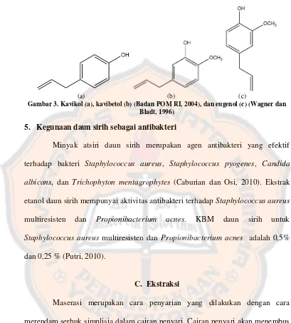 Gambar 3. Kavikol (a), kavibetol (b) (Badan POM RI, 2004), dan eugenol (c) (Wagner dan