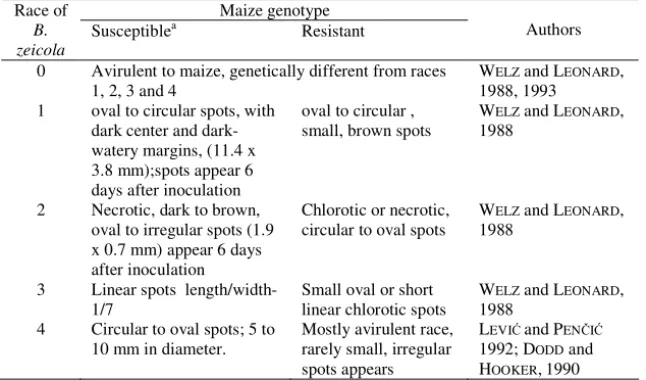 Table 1. Reactions of susceptible and resistant maize genotypes to different races   of  Bipolaris zeicola 