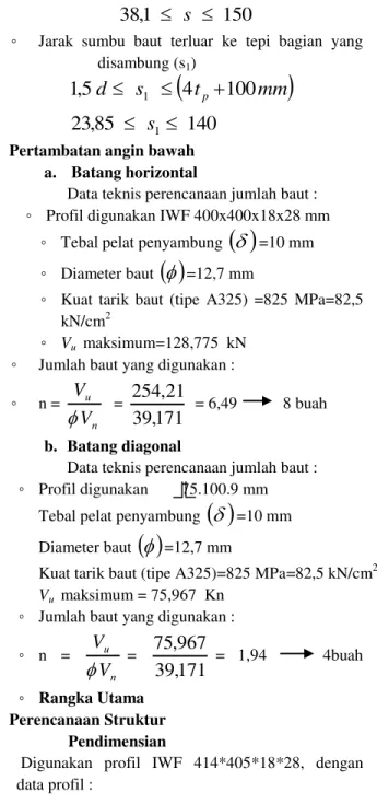 Tabel Section Propertis Ikatan Angin Bawah   Profil  L  Berat  (kg/m)  Ukuran (mm)  a  b  d  e x  e y  i η  75.100.9  11,8  75  100  9  31,5  19,1  15,9  Luas  Tampang  (cm 2 )  t p (mm)  Momen Inersia (cm4)  Jari-jari Inersia (cm)  Momen Lawan (cm3)  1510