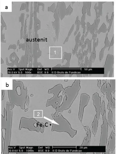 Gambar 2.4.  (a) Struktur mikro besi tuang putih perbesaran 500x; (b) Struktur mikro besi tuang putih perbesaran 1000x (Ortega-Cubillos, 2015) 