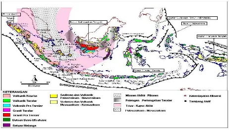 Gambar 1.  Jalur Busur Magmatik Utama tempat Kedudukan Mineralisasi Logam (dimodifikasi dari beberapa sumber,2000) 