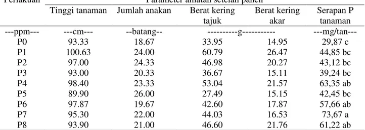 Tabel  3.  Tinggi  tanaman,  jumlah  anakan,  berat  kering  tajuk,  berat  kering  akar  dan  serapan  P  tanaman