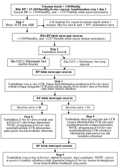 Gambar 2. Algoritma Pengaturan Hipertensi Untuk Pasien Dengan CKD Dan Diabetes (ACEI, angiotensin converting enzyme inhibitor; ARB, angiotensin receptor blocker; BP,  blood pressure; CCB, calcium channel blocker)  