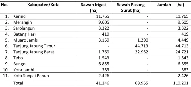 Tabel  1  :      Luas    Lahan  Sawah  Irigasi  dan  Pasang  Surut  Berdasarkan  Kabupaten/  Kota  di  Provinsi  Jambi Tahun 2010