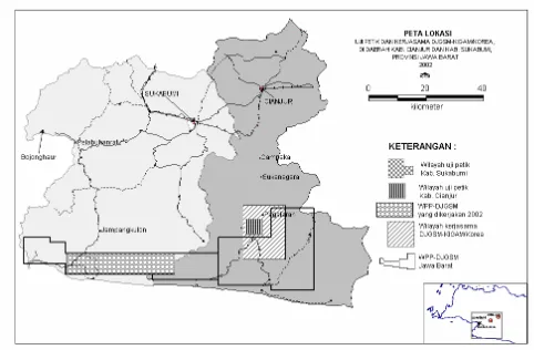 Gambar 1. Peta Lokasi Uji Petik dan Kerjasama DJGSM- KIGAM di daerah Kab.Cianjur dan Kab.Sukabumi, Prov