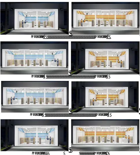Gambar 2  Kondisi 1, desain ruang dengan lebar fasad 9 meter, menggunakan  warna dominan  warna sejuk dan kasir terletak jauh dari pintu masuk/keluar; 