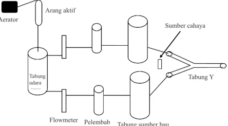 Gambar 1.  Skematik rancangan pengujian perilaku orientasi parasitoid Anagrus nilaparvatae dengan                         menggunakan olfaktometer tabung-Y.