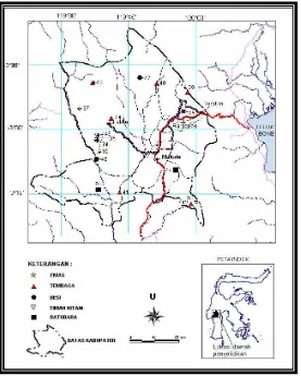 Gambar 3. Peta geologi dan mineralisasi daerah aliran S. Noron dan sekitarnya, Kab. Enrekang, Prov