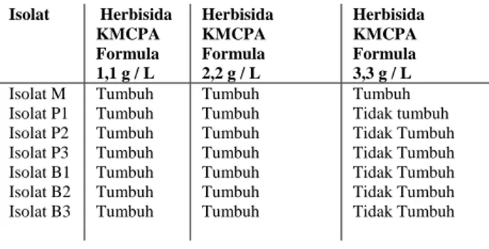 Tabel 2. Uji ketahanan bakteri dehalogenasi pada subtrat utama herbisida KMCPA formula