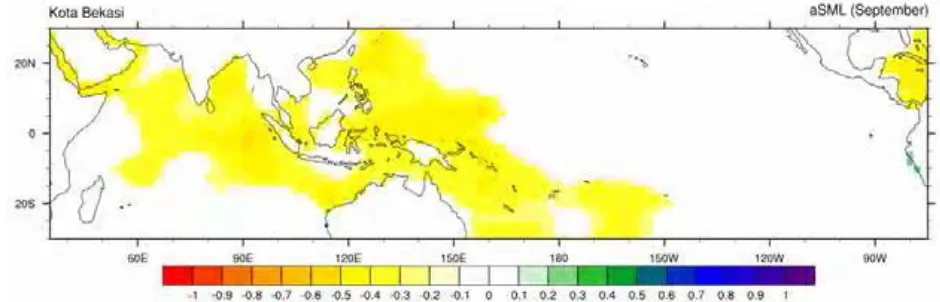 Gambar 6. . Korelasi spasial antara AMH di Kota Bekasi dengan anomali suhumuka laut (aSML) bulan September di kawasan Samudera Pasifik, SamuderaHindia dan Perairan Indonesia.