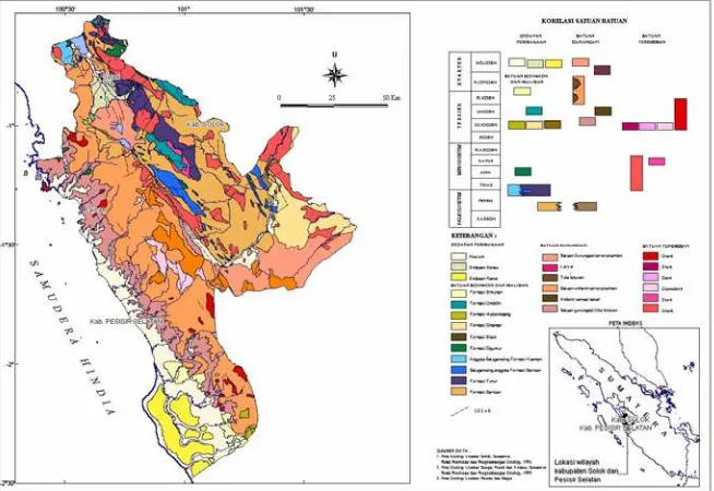 Gambar 2. Peta Geologi Daerah Kabupaten Solok dan Kabupaten Pesisir Selatan   