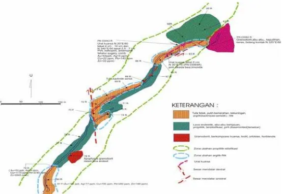 Gambar 5. Sketsa Detail Mineralisasi di daerah hulu Sungai Air Semuang,  Teratak Tempatih, Kec