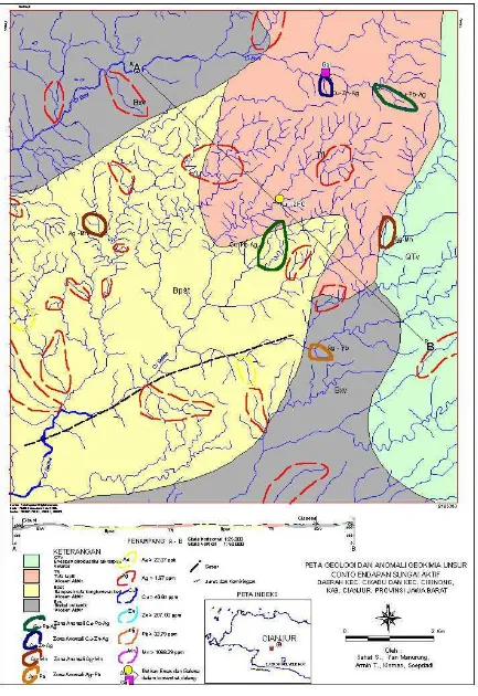 Gambar 11. Peta Geologi dan Anomali Geokimia Unsur Conto Endapan Sungai Aktif Daerah Kec