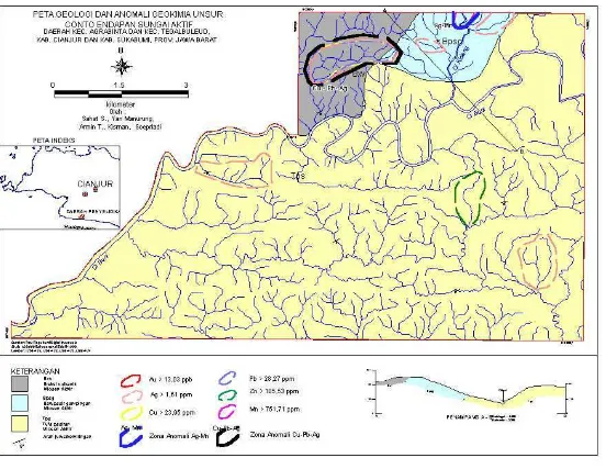 Gambar 12. Peta Geologi dan Anomali Geokimia Unsur Conto Endapan Sungai Aktif Daerah       Kec