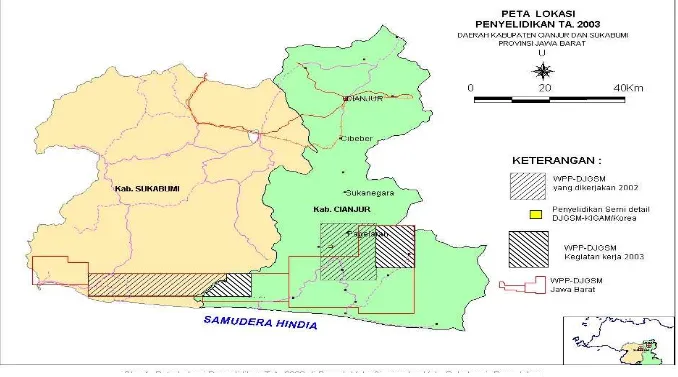 Gambar 1. Peta Lokasi Penyelidikan T.A. 2003 di daerah Kab. Cianjur dan Kab. Sukabumi, Prov