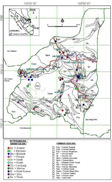 Gambar 1. Peta Sebaran Lokasi Bahan Galian Non Logam di daerah Kabupaten Indragiri Hulu, Provinsi Riau.