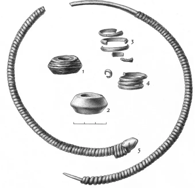 Abb. 8. Hügelgrab I. Brandgrab 2. 1, 2 – Spinwirtel, 3, 4 – Spiralfingerringe, 5 – Halsring mit Sattelende
