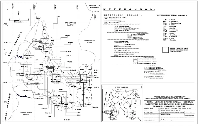 Gambar   2. 1. : Peta  Lokasi  Bahan  Galian  Mineral  Daerah  Kabupaten  Pangkajene Dan  Kepulauan,  Provinsi  Sulawesi  Selatan