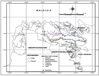 Gambar 1. Peta Lokasi Sumberdaya Mineral di Kabupaten Bulungan, Provinsi Kalimantan Timur 