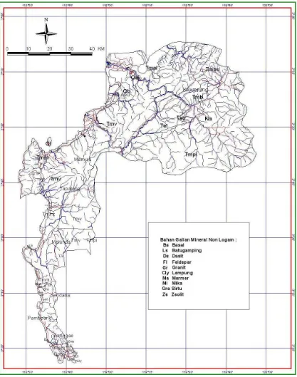 Gambar 1. Peta lokasi mineral non logam di daerah Kabupaten Majene dan Mamuju, Provinsi Sulawesi  Barat