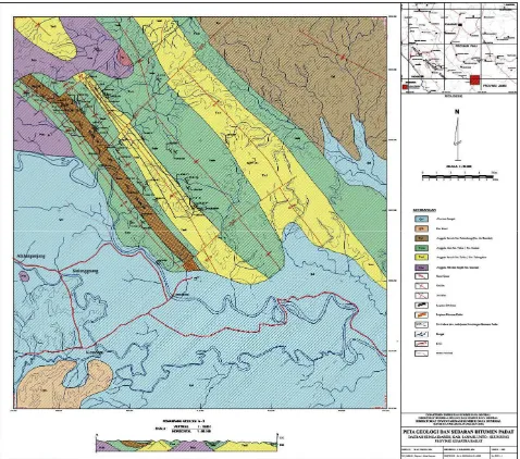 Gambar 2. Peta Geologi dan Distribusi Bitumen Padat Daerah Sungaidareh 