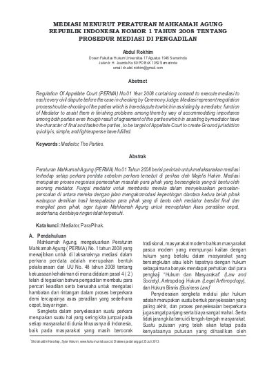 Mediasi Menurut Peraturan Mahkamah Agung Republik Indonesia Nomor 1 ...