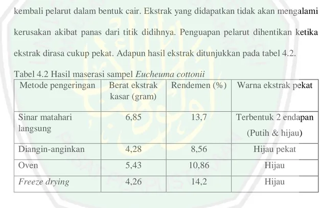 Tabel 4.2 Hasil maserasi sampel Eucheuma cottonii   Metode pengeringan  Berat ekstrak 