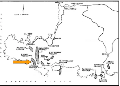 Gambar 3. Peta Daerah Prospek Emas di Lombok Barat (Manurung,Y, 1977)   
