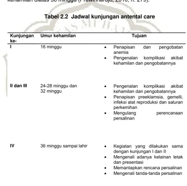 Tabel 2.2  Jadwal kunjungan antental care 