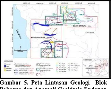 Gambar 5. Peta Lintasan Geologi  Blok Pohorua dan Anomali Geokimia Endapan Sungai Aktif  Pada Daerah Uji Petik Maligano Blok Pohorua dan Raimuna 