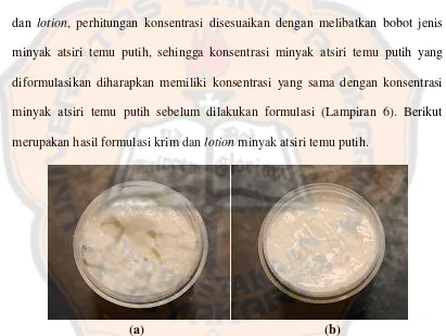 Gambar 3. (a) Krim minyak atsiri temu putih, (b) Lotion minyak atsiri temu putih 