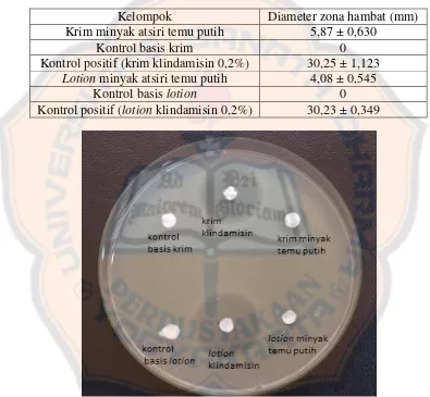 Tabel VII. Hasil rerata diameter zona hambat krim dan lotion minyak atsiri temu putih terhadap Staphylococcus epidermidis 