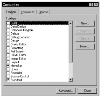 Figure 1.8The Toolbars tab of the Customize dialog box.