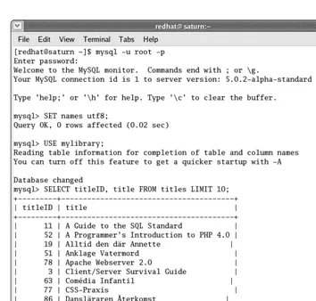 Figure 4-2. Use of the MySQL command interpreter under Linux in a console window 