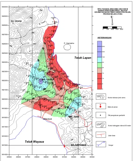 Gambar 6.  Peta Sebaran Tahanan Jenis Semu AB/2=1000 m, Daerah panas Bumi Songa Wayaua, Kec