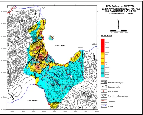Gambar  9.  Peta Anomali  Magnetik Total dan Struktur  Daerah Panas Bumi Songa-Wayaua  P.Bacan, Kabupaten Halmahera Selatan, Maluku Selatan