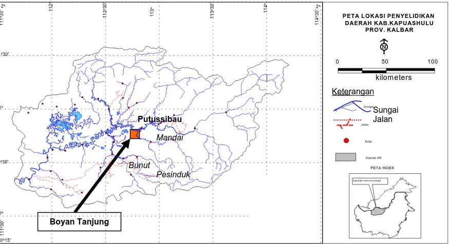 Gambar 1. Peta Lokasi Kegiatan Evaluasi Sumber Daya – Cadangan Bahan Galian  di Wilayah Kabupaten Kapuas Hulu, Provinsi Kalimantan Barat 