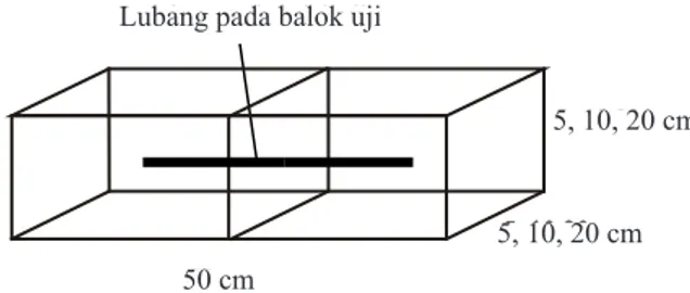 Gambar 2.  Balok uji dengan ukuran kayu yang berbeda-beda (50 cm x 5 cm x 5 cm, 50 cm x 10 cm x10 cm,  dan 50 cm x 20 cm x 20 cm).