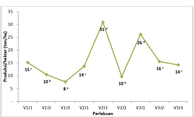 Gambar 1. Grafik pengaruh interaksi varietas bawang merah dan jaraktanam terhadap produksi bawang merah per hektar  