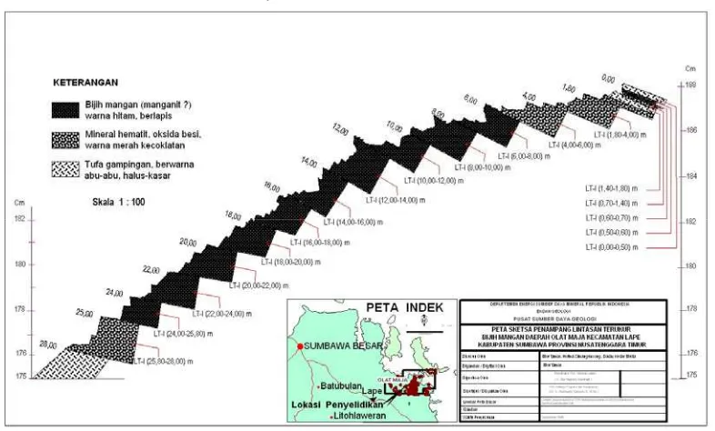 Gambar 5  Peta Sketsa Penampang lintasan terukur LT-1 serta lokasi conto mangan daerah bukit Baramayung, desa Labuhan Kuris, Kecamatan Lape