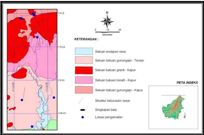 Gambar 3. Peta geologi daerah Bintang Mengalih dan sekitarnya, Kabupaten Lamandau, Kalimantan Tengah    