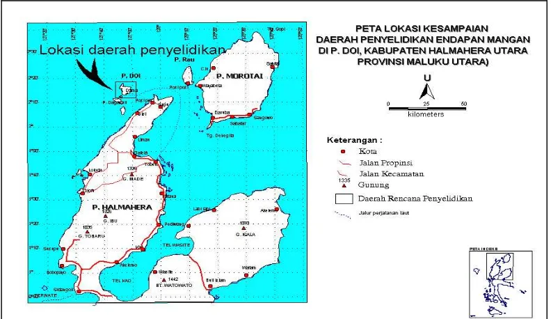 Gambar 1. Peta Lokasi (Route) Kesampaian daerah Penyelidikan Endapan Mangan di P. Doi , Kab