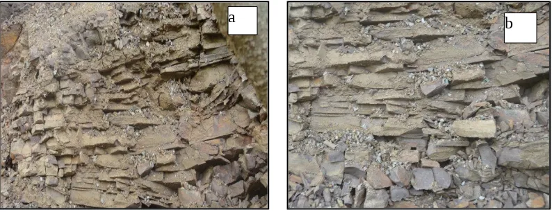 Gambar.  12a  Longsoran pada Lereng bawah (Km. 62 + 850) dan  11b proses leaching                 serta pembentukan rongga antar batu