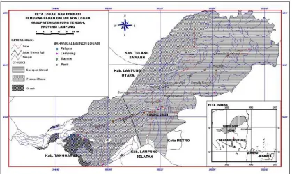 Gambar 1. Peta lokasi dan formasi pembawa bahan galian non logam di Kabupaten Lampung Tengah
