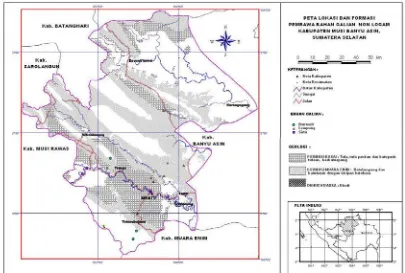 Gambar 1. Peta lokasi dan formasi pembawa bahan galian non logam di Kabupaten Musi Banyuasin