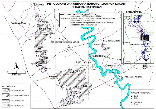 Gambar 1. Peta lokasi dan sebaran bahan galian non logam di daerah Katingan 