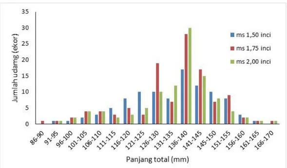 Gambar 6.  Distribusi frekuensi panjang total udang Windu yang tertangkap pada  trammel net mesh size 1,50, 1,75 dan 2,00 inci